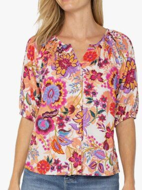 Liverpool Women's Short Sleeve Button Front Shirred Woven Blouse, L